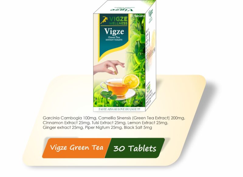 Experience the power of Vigze Green Tea Tablets. Each tablet features a unique combination of Garcinia Cambogia, Green Tea Extract, Cinnamon Extract, Tulsi Extract, Lemon Extract, Ginger Extract, Piper Nigrum, and Black Salt.